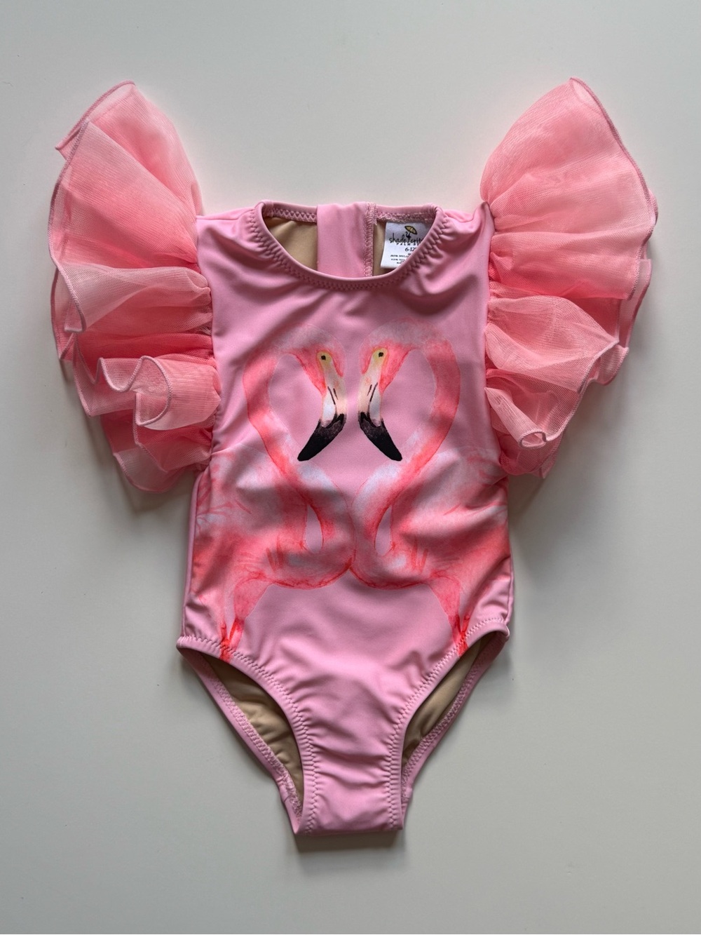 Shade Critters Girls Pink Flamingo One-Piece Tulle Sleeve Swimsuit - Size 6-12M